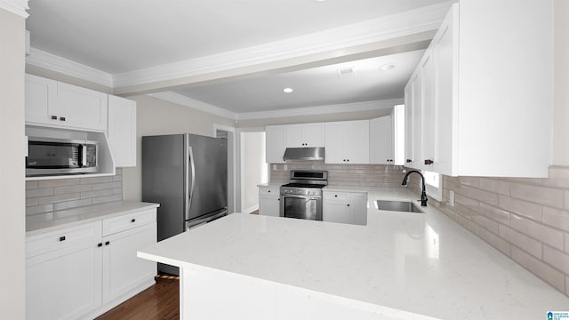 kitchen with white cabinetry, sink, backsplash, kitchen peninsula, and stainless steel appliances