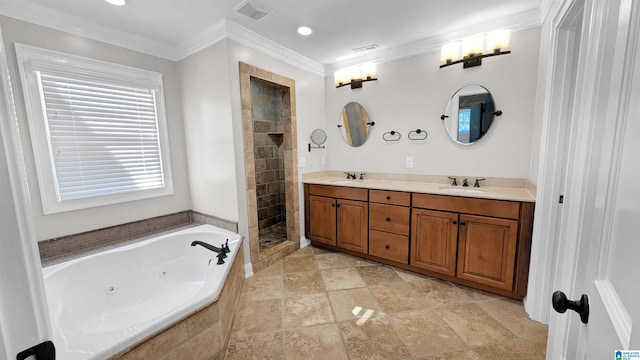 bathroom featuring crown molding, vanity, and shower with separate bathtub