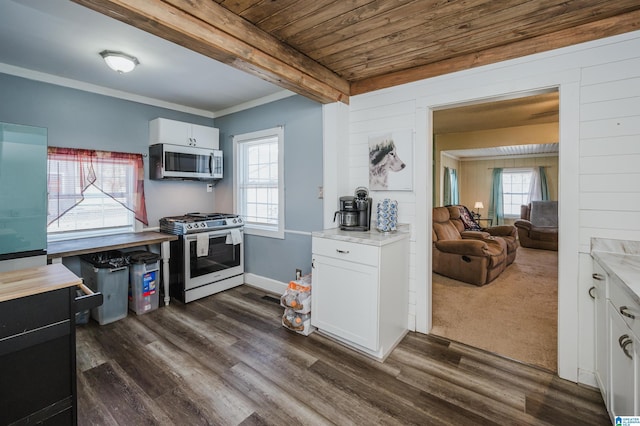 kitchen featuring wooden walls, beamed ceiling, white cabinets, dark hardwood / wood-style flooring, and stainless steel appliances