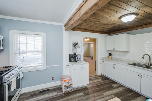 kitchen with sink, wood ceiling, white cabinetry, dark hardwood / wood-style flooring, and stainless steel range with gas cooktop