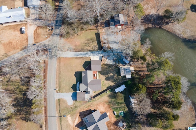 drone / aerial view with a water view