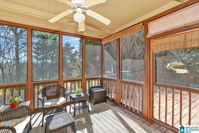 sunroom / solarium with wood ceiling and ceiling fan