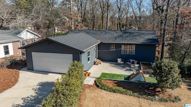 single story home featuring a front yard and a patio area