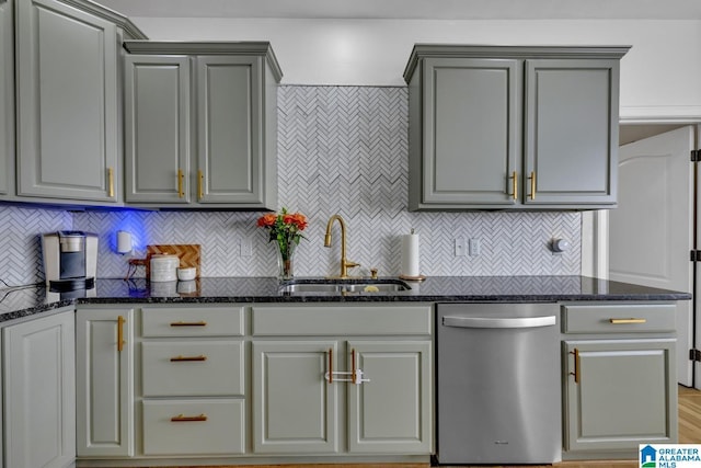 kitchen with tasteful backsplash, dark stone counters, dishwasher, and sink