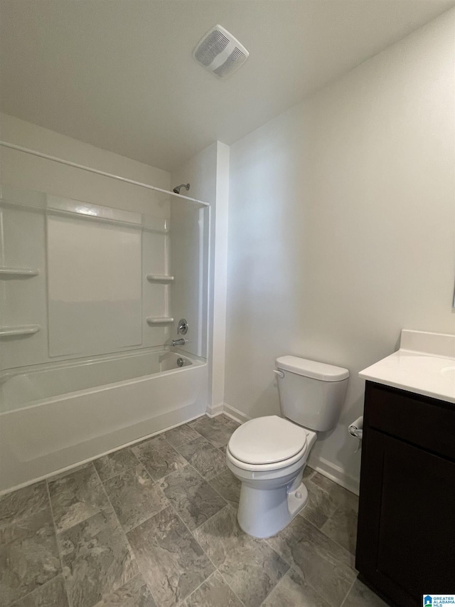 full bathroom with vanity, tub / shower combination, and toilet