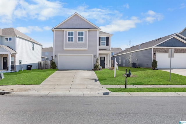 front facade featuring a garage, a front lawn, and central air condition unit