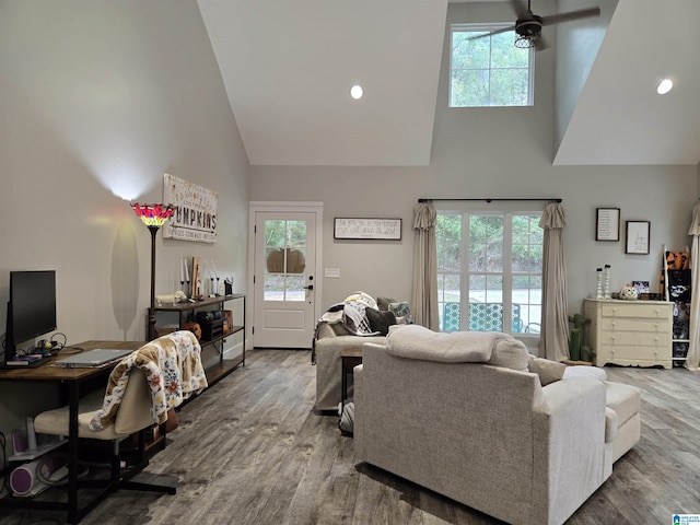 living room with a ceiling fan, high vaulted ceiling, a wealth of natural light, and wood finished floors