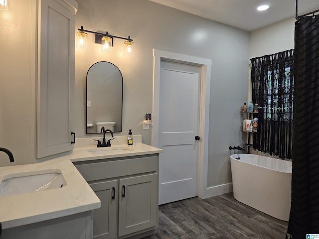 bathroom featuring double vanity, wood finished floors, a soaking tub, and a sink