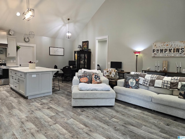 living area featuring high vaulted ceiling and light wood-style flooring