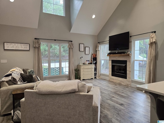 living area featuring high vaulted ceiling, a fireplace, wood finished floors, and recessed lighting