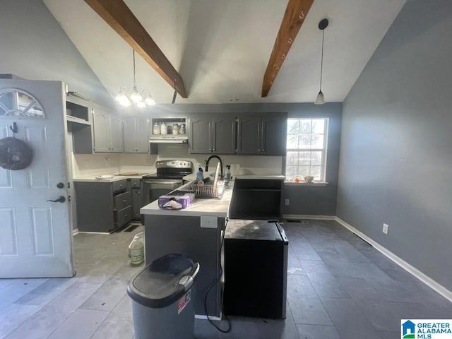 kitchen with electric stove, vaulted ceiling with beams, hanging light fixtures, and a kitchen island