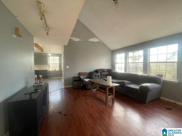 living room featuring a healthy amount of sunlight, dark hardwood / wood-style floors, vaulted ceiling, and a textured ceiling