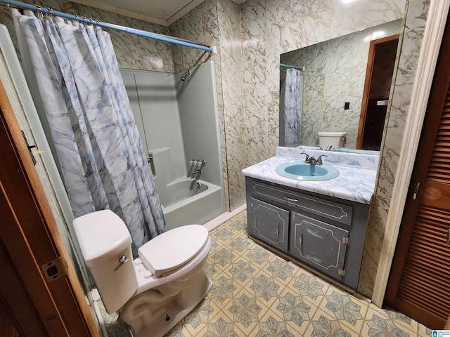 full bathroom with toilet, shower / bath combination with curtain, and vanity