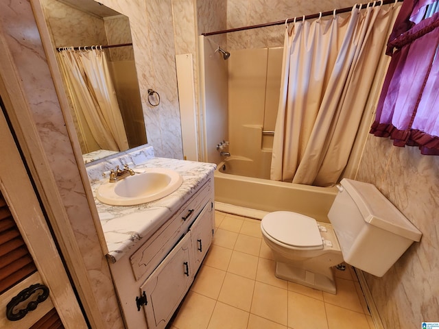 full bathroom with tile patterned floors, toilet, shower / bath combination with curtain, and vanity