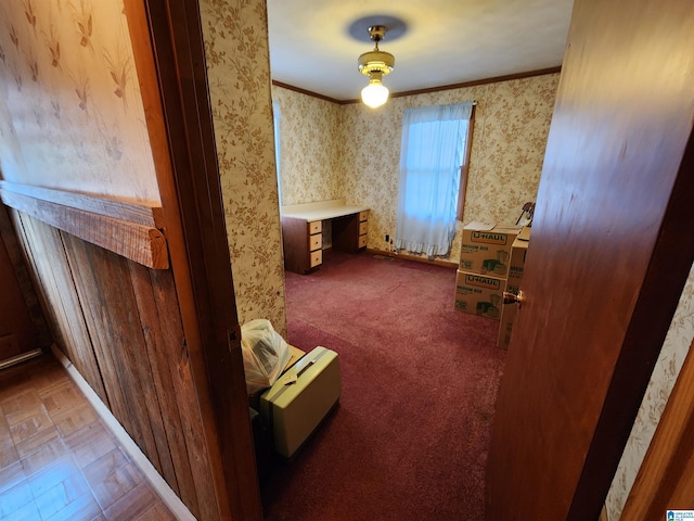 interior space with ornamental molding and carpet flooring