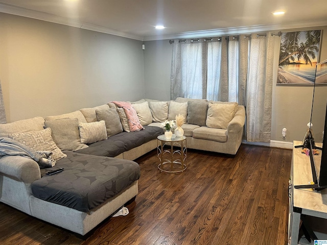 living room with dark wood-type flooring and ornamental molding