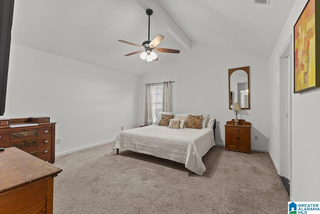 bedroom with ceiling fan, lofted ceiling with beams, and light carpet