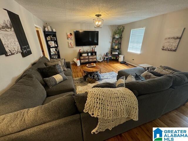 living room with dark hardwood / wood-style flooring and a textured ceiling