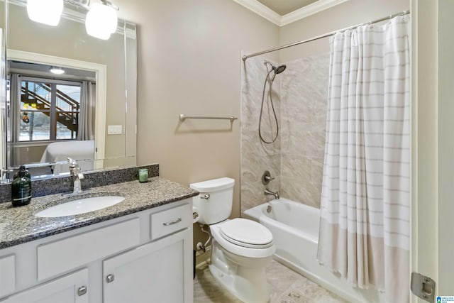 full bathroom with tile patterned floors, toilet, crown molding, vanity, and shower / bath combo