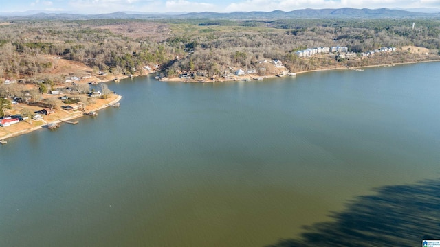 drone / aerial view featuring a water and mountain view