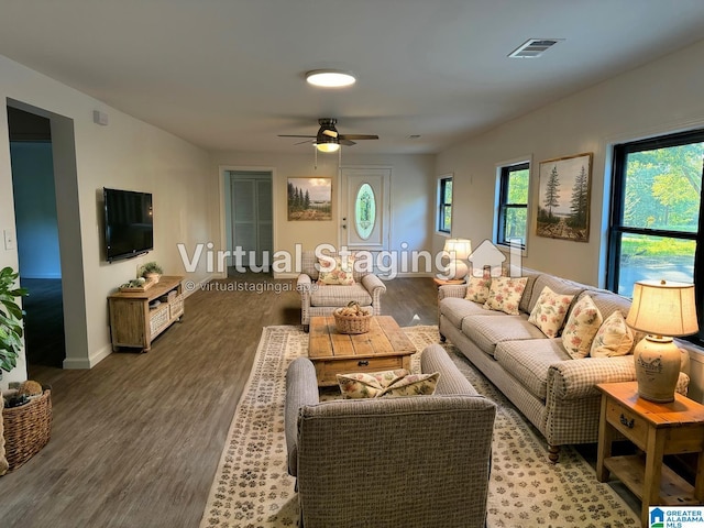 living room with ceiling fan and wood-type flooring