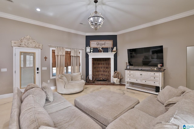 living room with crown molding and a chandelier