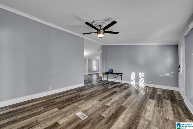 unfurnished living room featuring crown molding, lofted ceiling, dark wood-type flooring, and ceiling fan