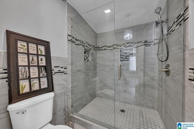 bathroom with toilet and a shower with shower door