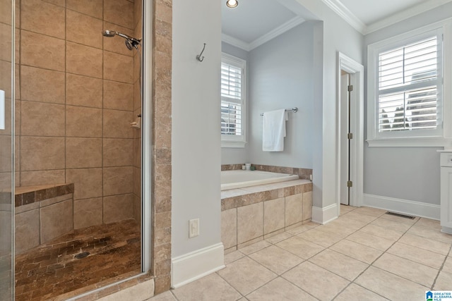 bathroom featuring tile patterned flooring, ornamental molding, and independent shower and bath