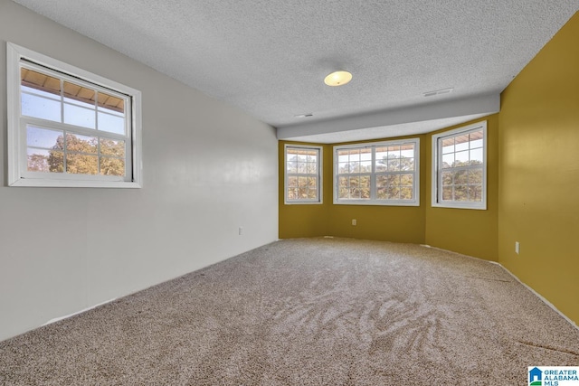 unfurnished room with plenty of natural light, carpet flooring, and a textured ceiling