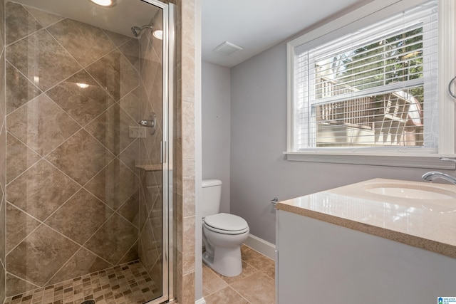 bathroom featuring an enclosed shower, vanity, tile patterned flooring, and toilet