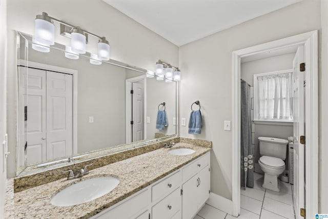 bathroom with tile patterned flooring, vanity, and toilet