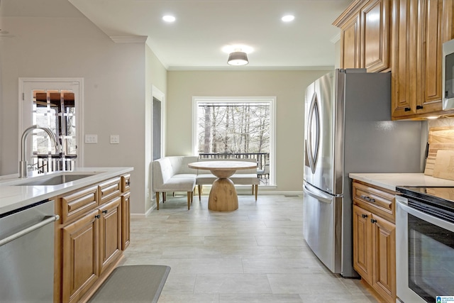 kitchen with crown molding, appliances with stainless steel finishes, and sink