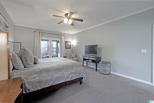 carpeted bedroom with ornamental molding and ceiling fan