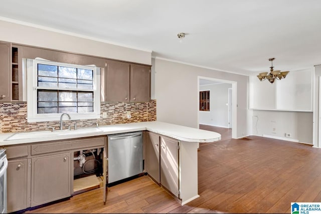 kitchen featuring dishwasher, sink, backsplash, and kitchen peninsula