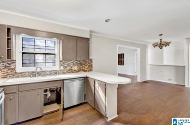 kitchen with sink, decorative backsplash, kitchen peninsula, and dishwasher