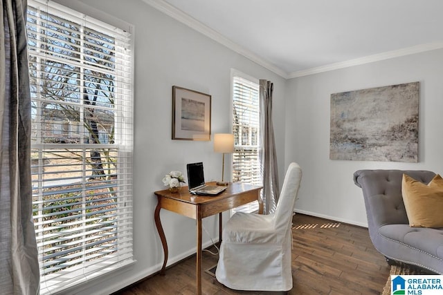 office area with ornamental molding and dark hardwood / wood-style floors