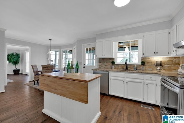 kitchen featuring hanging light fixtures, white cabinetry, appliances with stainless steel finishes, and sink