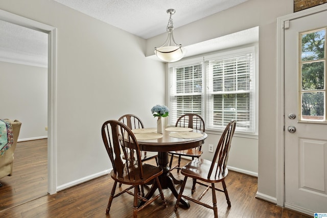 dining area with a wealth of natural light, dark wood-type flooring, and a textured ceiling