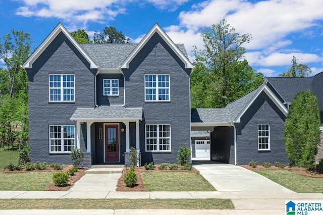 craftsman-style house with a garage, a front lawn, and a carport