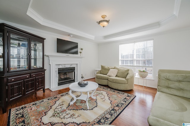 living room with hardwood / wood-style floors, a tray ceiling, ornamental molding, and a premium fireplace