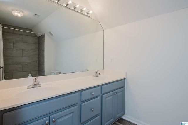 bathroom featuring vanity, lofted ceiling, and toilet