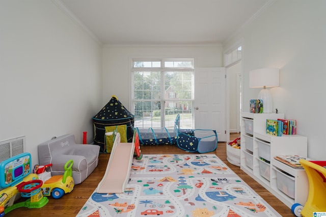 playroom featuring dark wood-type flooring and ornamental molding