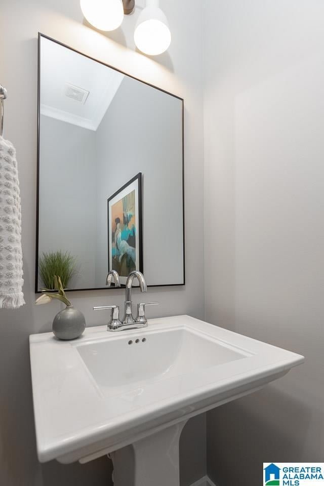 bathroom with ornamental molding and sink