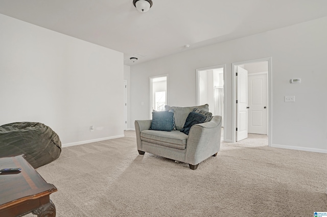 living room featuring light carpet