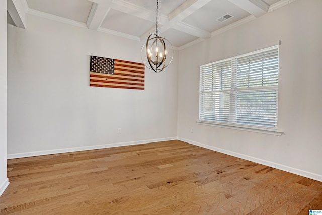 unfurnished room featuring beamed ceiling, coffered ceiling, a notable chandelier, and light hardwood / wood-style floors