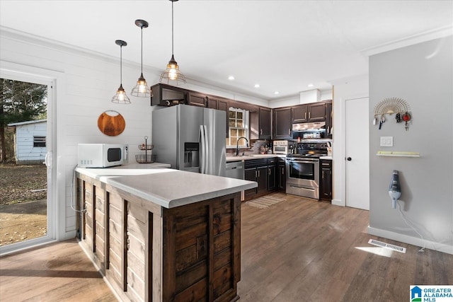 kitchen featuring a wealth of natural light, sink, hanging light fixtures, stainless steel appliances, and dark brown cabinets