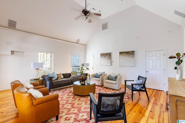 living room with high vaulted ceiling, light hardwood / wood-style floors, and ceiling fan