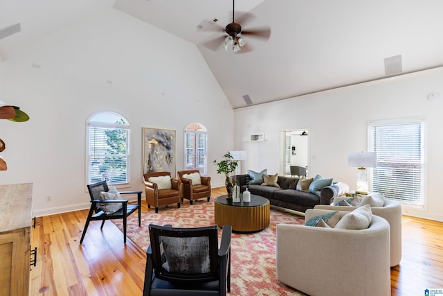 living room featuring ceiling fan, high vaulted ceiling, and light wood-type flooring