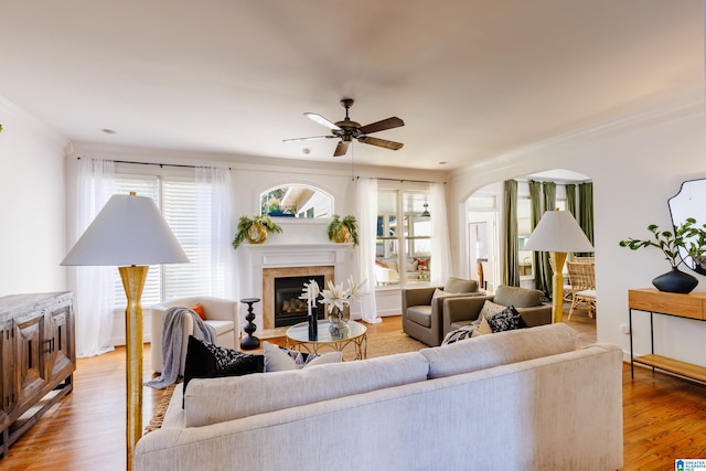 living room with ceiling fan, ornamental molding, and light wood-type flooring